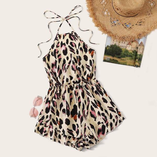 

Ruffle Hem Leopard Halter Romper, Multicolor