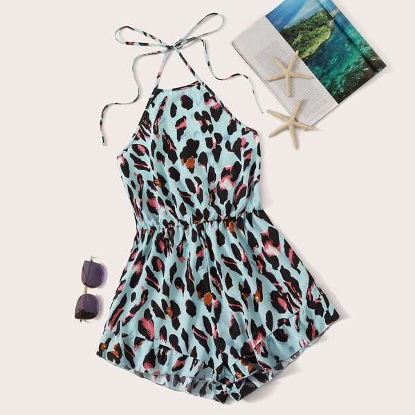 

Leopard Print Ruffle Hem Halter Romper