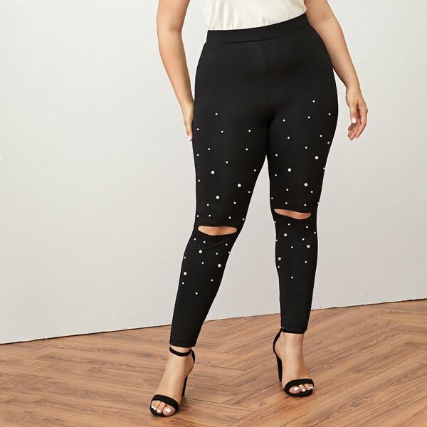 

Plus Elastic Waist Pearls Beaded Ripped Front Leggings, Black