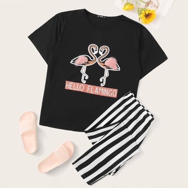 

Plus Faux Fur Detail Graphic Print Top & Striped Pants PJ Set