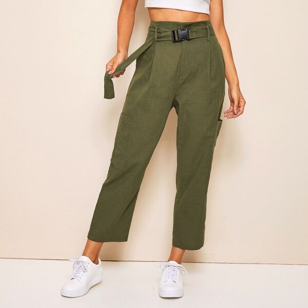 

Solid Push Buckle Belted Straight Leg Pants