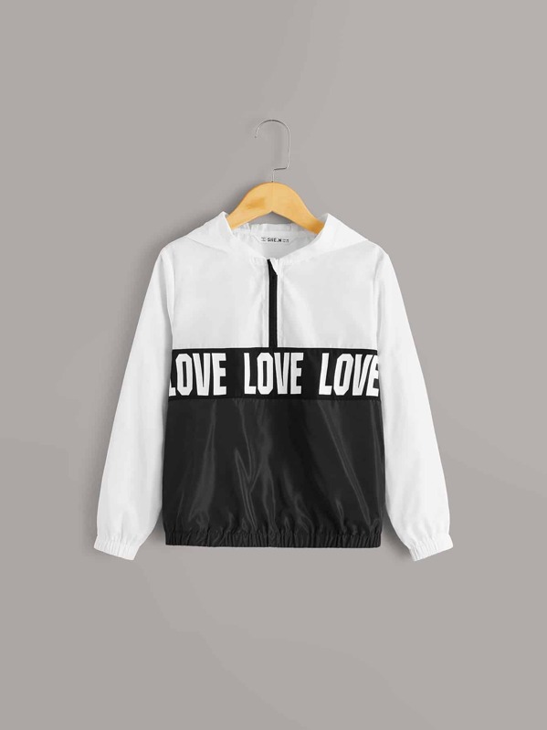 

Boys Letter Two Tone Zip Half Placket Windbreaker Jacket, Black and white
