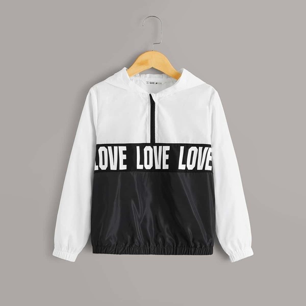 

Boys Letter Two Tone Zip Half Placket Windbreaker Jacket, Black and white