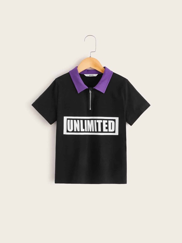 

Boys Contrast Collar Zip Front Letter Polo Shirt, Black