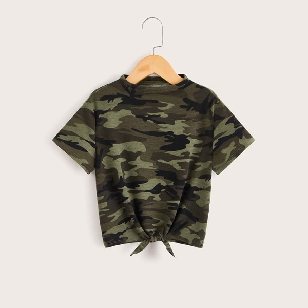 

Girls Camo Print Tie Hem Tee, Multicolor