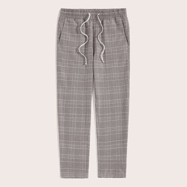

Men Drawstring Waist Slant Pocket Glen Pants, Grey