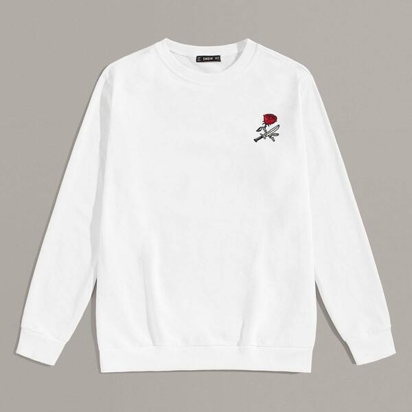 

Men Crew Neck Embroidered Rose and Knife Pullover, White