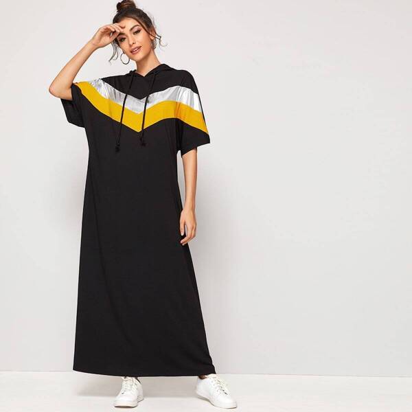 

Metallic Panel Chevron Hoodie Dress, Black