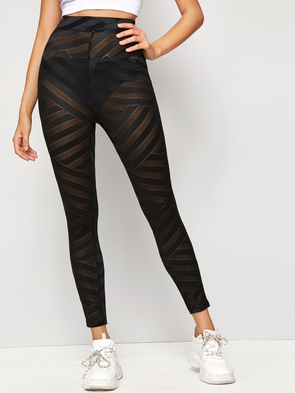 

Wide Band Waist Striped Mesh Leggings Without Panty, Black, Carol A