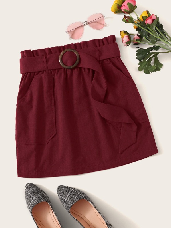 

Solid Paperbag Waist Pocket Belted Shorts, Burgundy