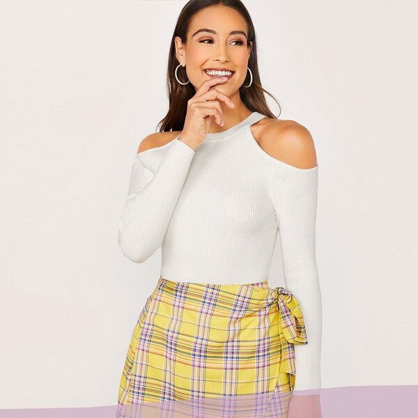 

Solid Cold Shoulder Rib-knit Sweater, White