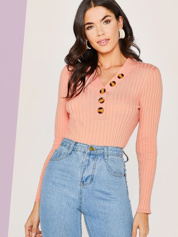 

Buttoned Half Placket Ribbed Knit Top, Pink, Aarika Wolf