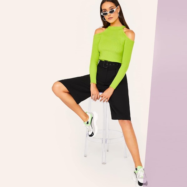 

Solid Cold Shoulder Knit Top, Green bright