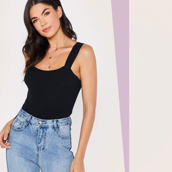

Solid Rib-knit Tank Knit Top, Black