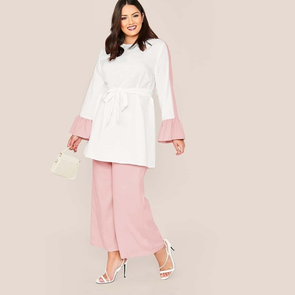 Plus Contrast Cuff Belted Top & Wide Leg Pants Set, Pink
