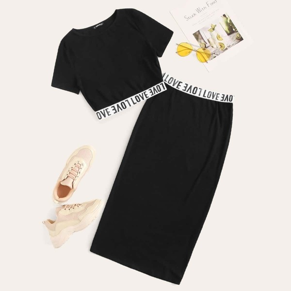 

Letter Tape Hem Top and Bodycon Pencil Skirt Set, Black