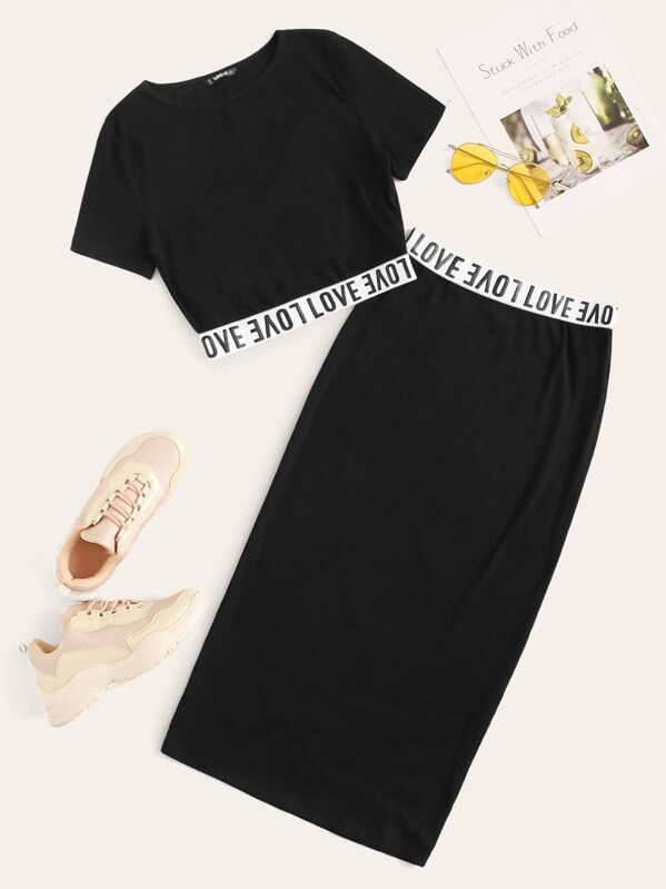 

Letter Tape Hem Top and Bodycon Pencil Skirt Set, Black, Hanna