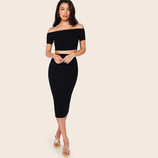 

Off Shoulder Rib-knit Top and Split Skirt Set Without Belt