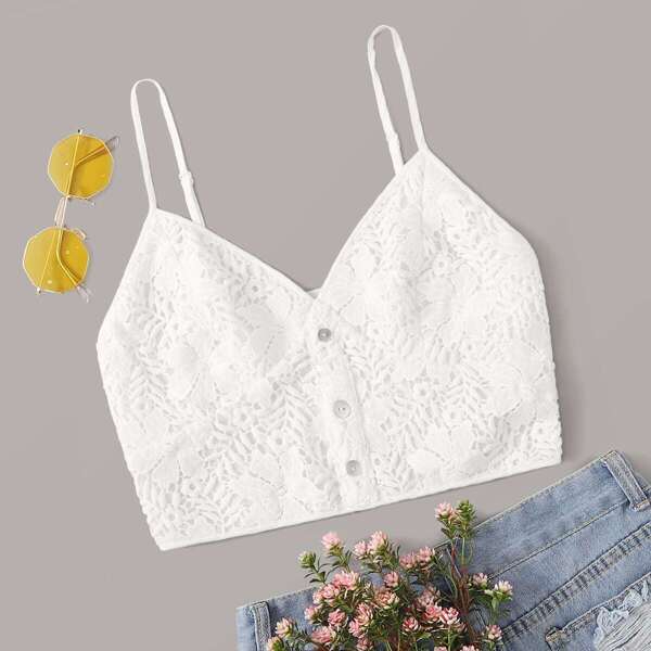

Buttoned Front Shirred Back Guipure Lace Cami Top