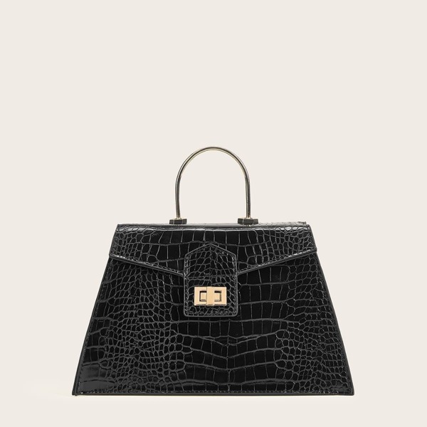 

Croc Embossed Metal Handle Satchel Bag