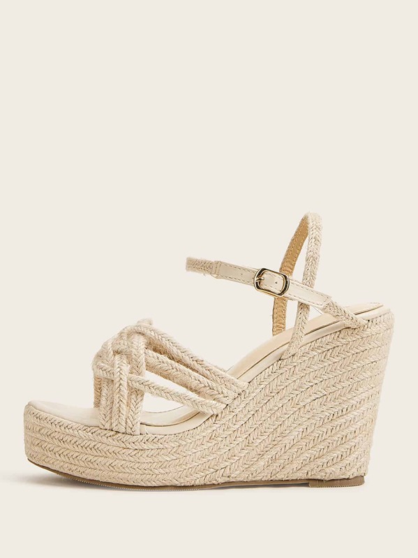 

Cross Strap Buckle Decor Espadrille Wedges, Beige