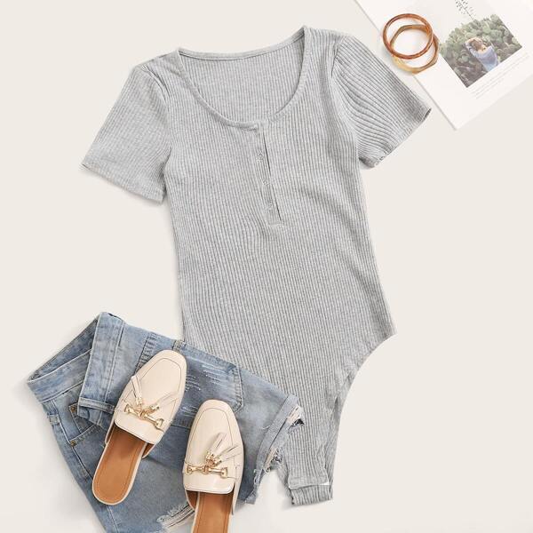 

Rib Knit Half Placket Bodysuit, Grey