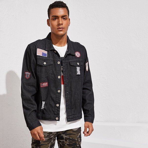

Men Black Wash Ripped Patched Denim Jacket
