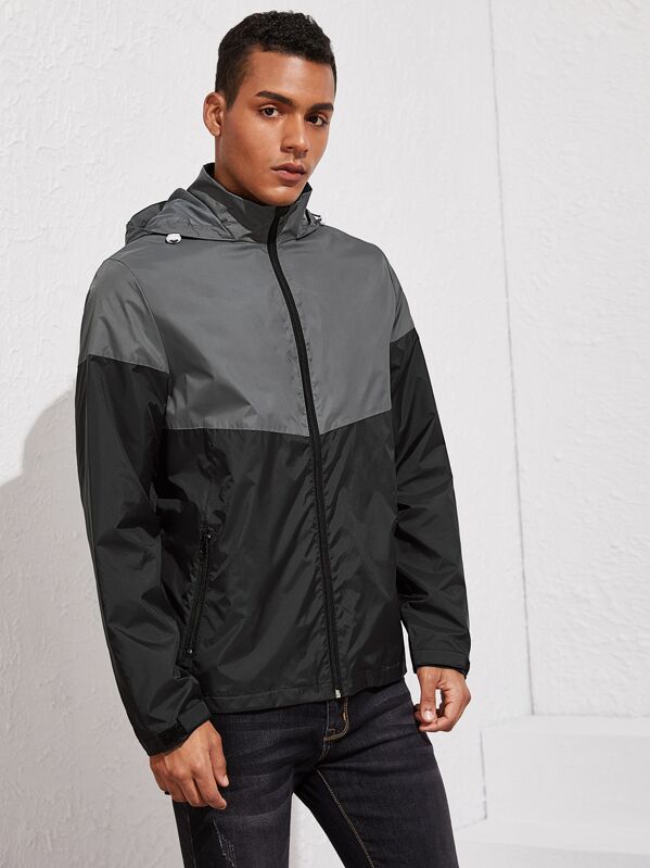 

Men Colorblock Hooded Windbreaker Jacket, Black, Gabriel