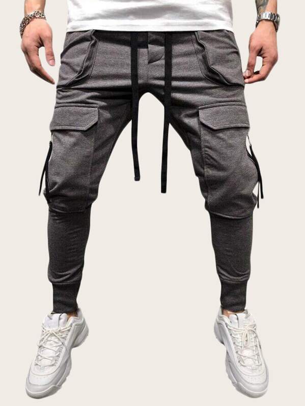 

Men Pocket Front Drawstring Cargo Pants, Grey