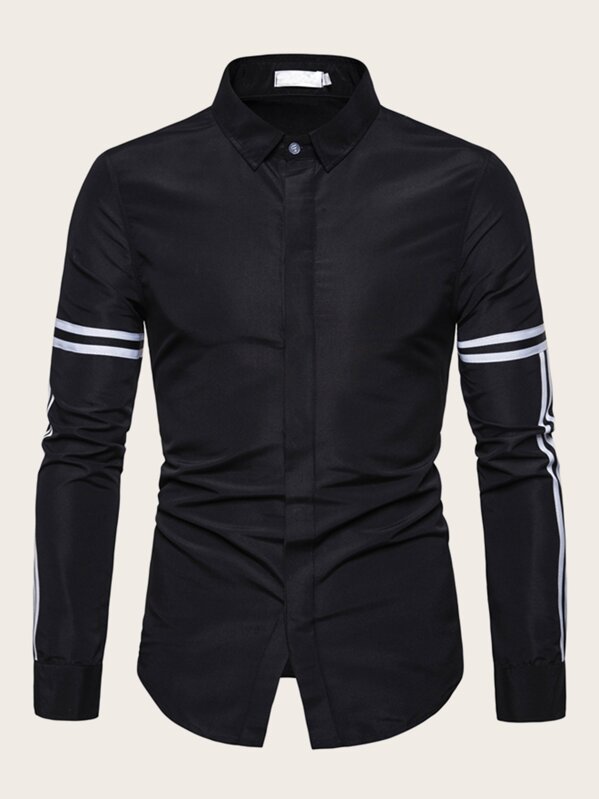 

Men Tape Contrast Button Through Shirt, Black
