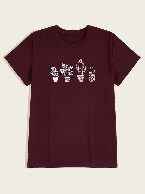 

Men Plants Print Round Neck Tee, Burgundy