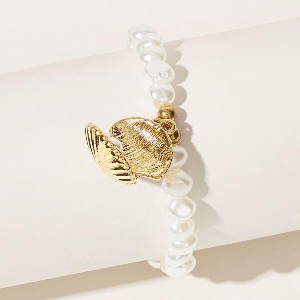 

Shell Charm Faux Pearl Beaded Bracelet 1pc
