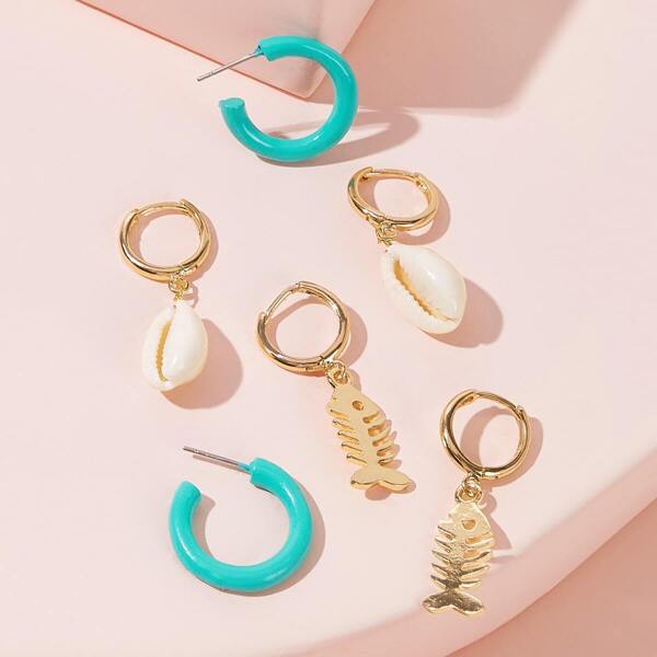 

Shell & Fish Hoop Drop Earrings 3pairs