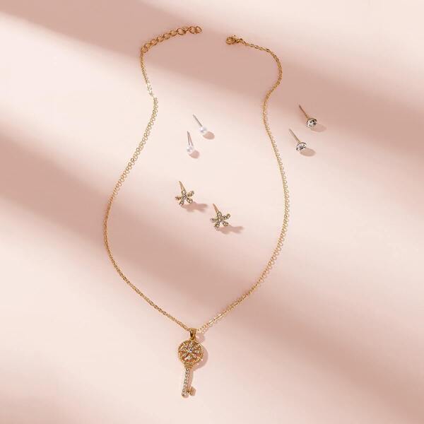 

Rhinestone Engraved Key Pendant Necklace & Earrings Set 7pcs
