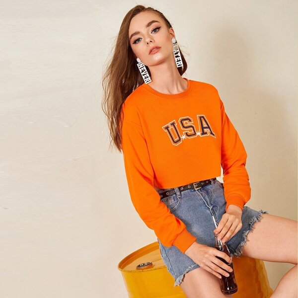 

Letter Embroidered Crop Sweatshirt, Orange bright