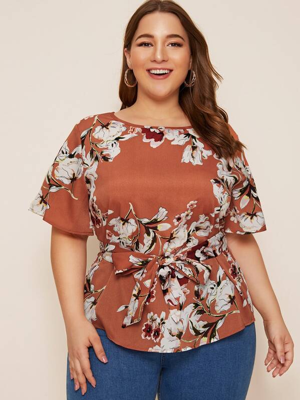 

Plus Floral Print Belted Blouse, Red, Ray