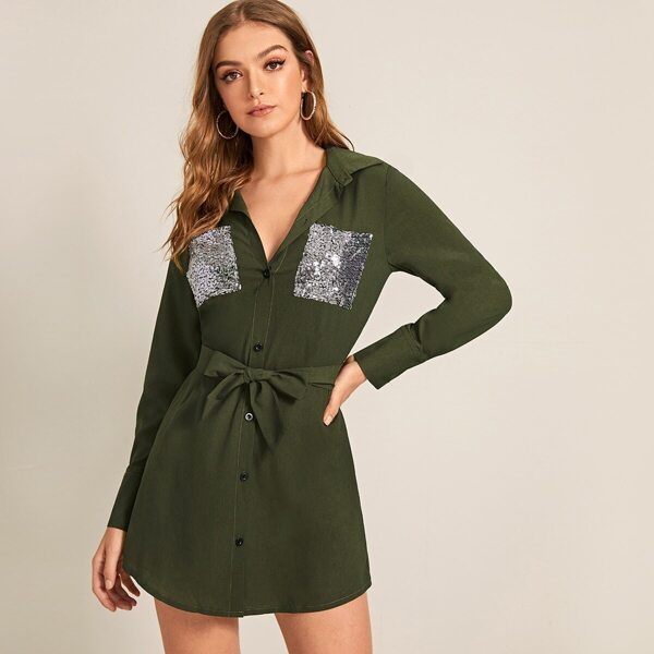 

Contrast Sequin Pocket Belted Shirt Dress