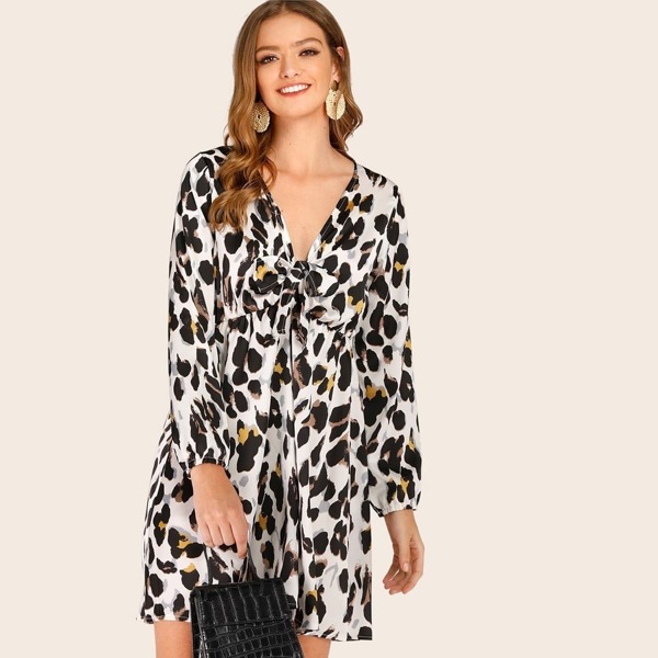

Tie Front Leopard Print High Waist Dress