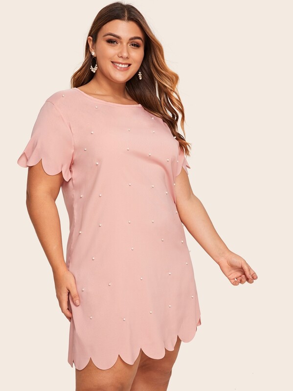 

Plus Pearl Beaded Scallop Trim Tunic Dress, Pink, Angelica