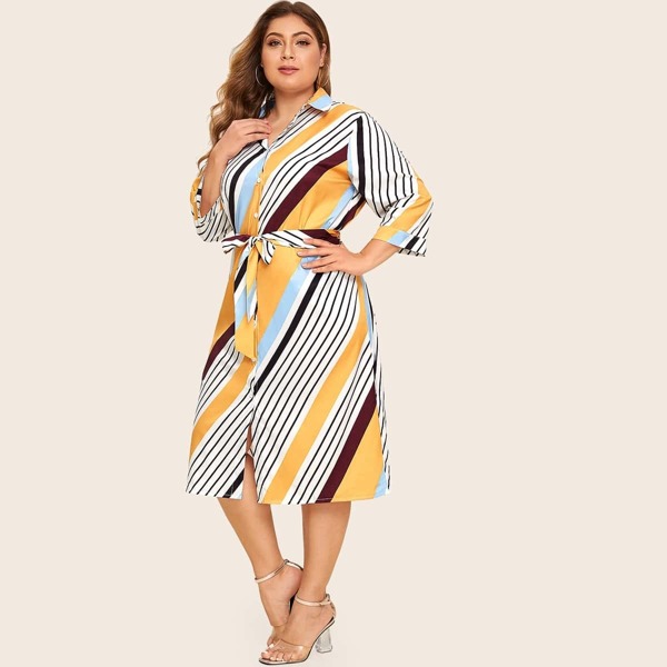 

Plus Multi-Stripe Belted Shirt Dress