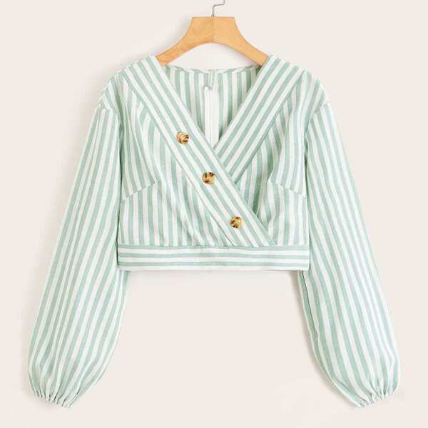 

Striped Surplice Neck Button Blouse