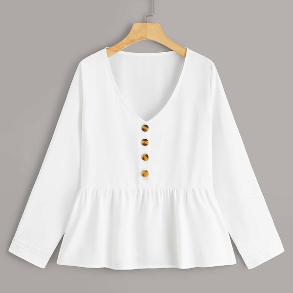 

V-neck Button Front Peplum Blouse, White
