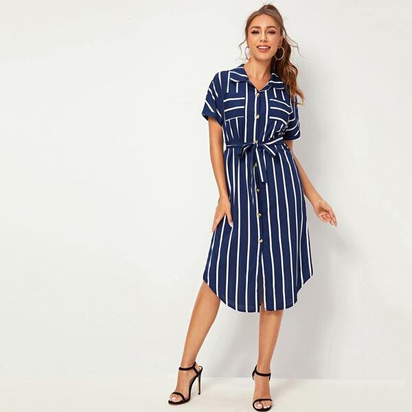 

Striped Button Front Belted Dress