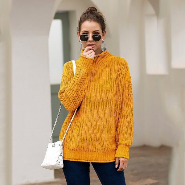 

Solid High Neck Sweater, Yellow