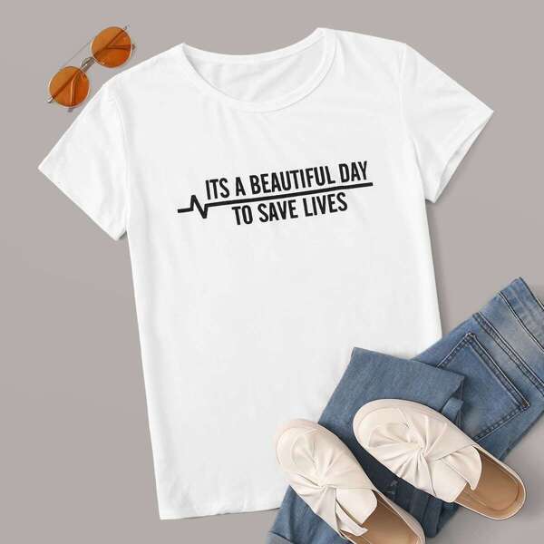 

Round Neck Letter Print Tee, White