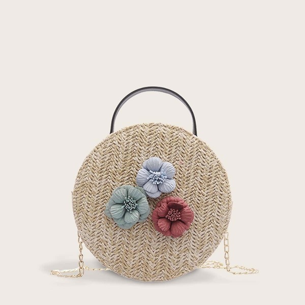 

Floral Applique Woven Chain Satchel Bag