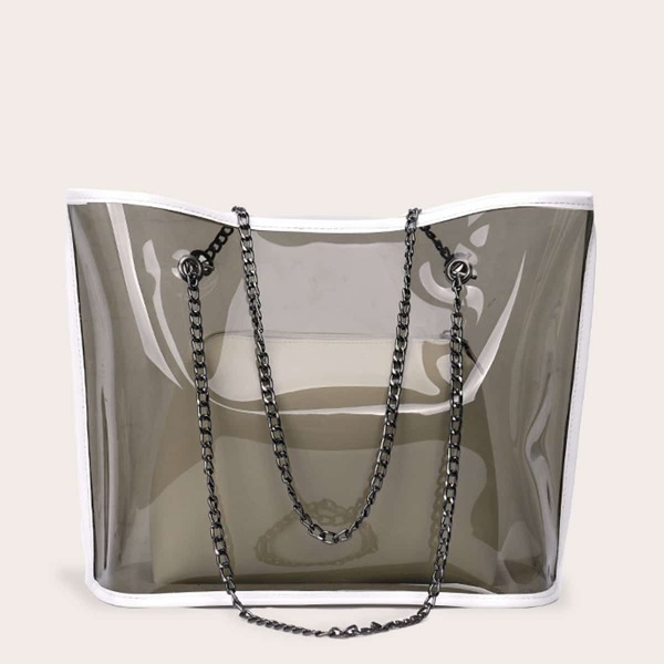 

Clear PVC Chain Tote Bag With Inner Clutch, Grey