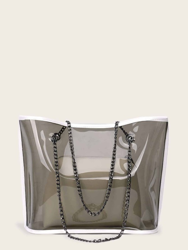 

Clear PVC Chain Tote Bag With Inner Clutch, Grey