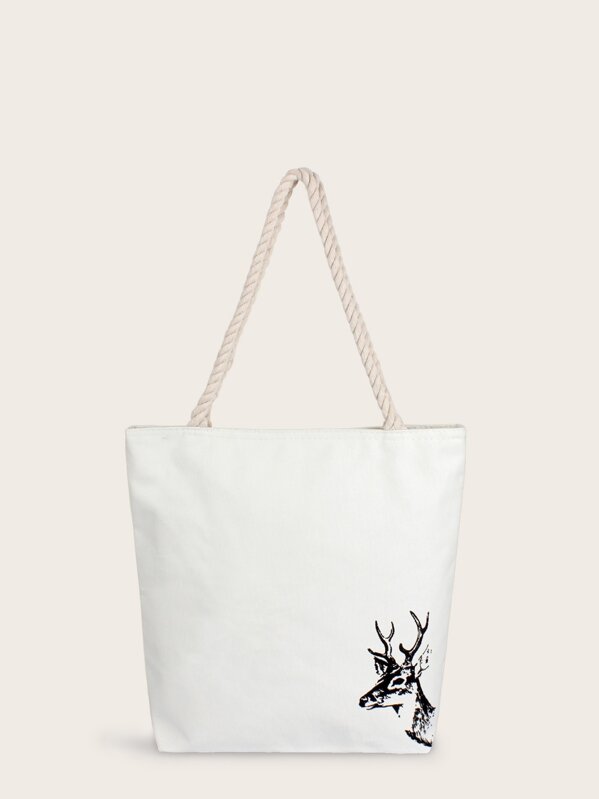

Deer Print Canvas Shopper Bag, White