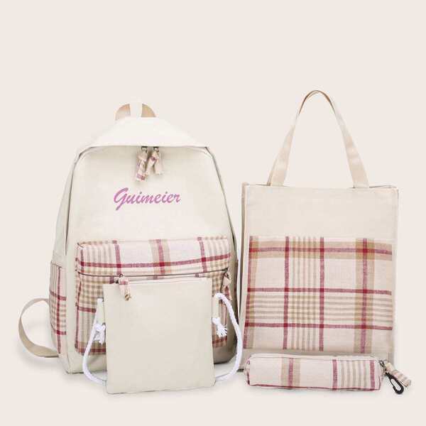 

Plaid Pocket Front Backpack With Pencil Case 4pcs, Multicolor